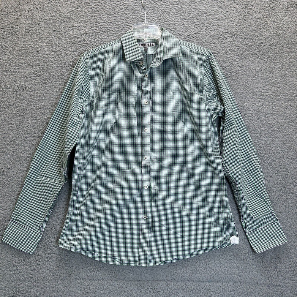 Express Shirt Mens Large Green Purple Check Long Sleeve Fitted Button Up